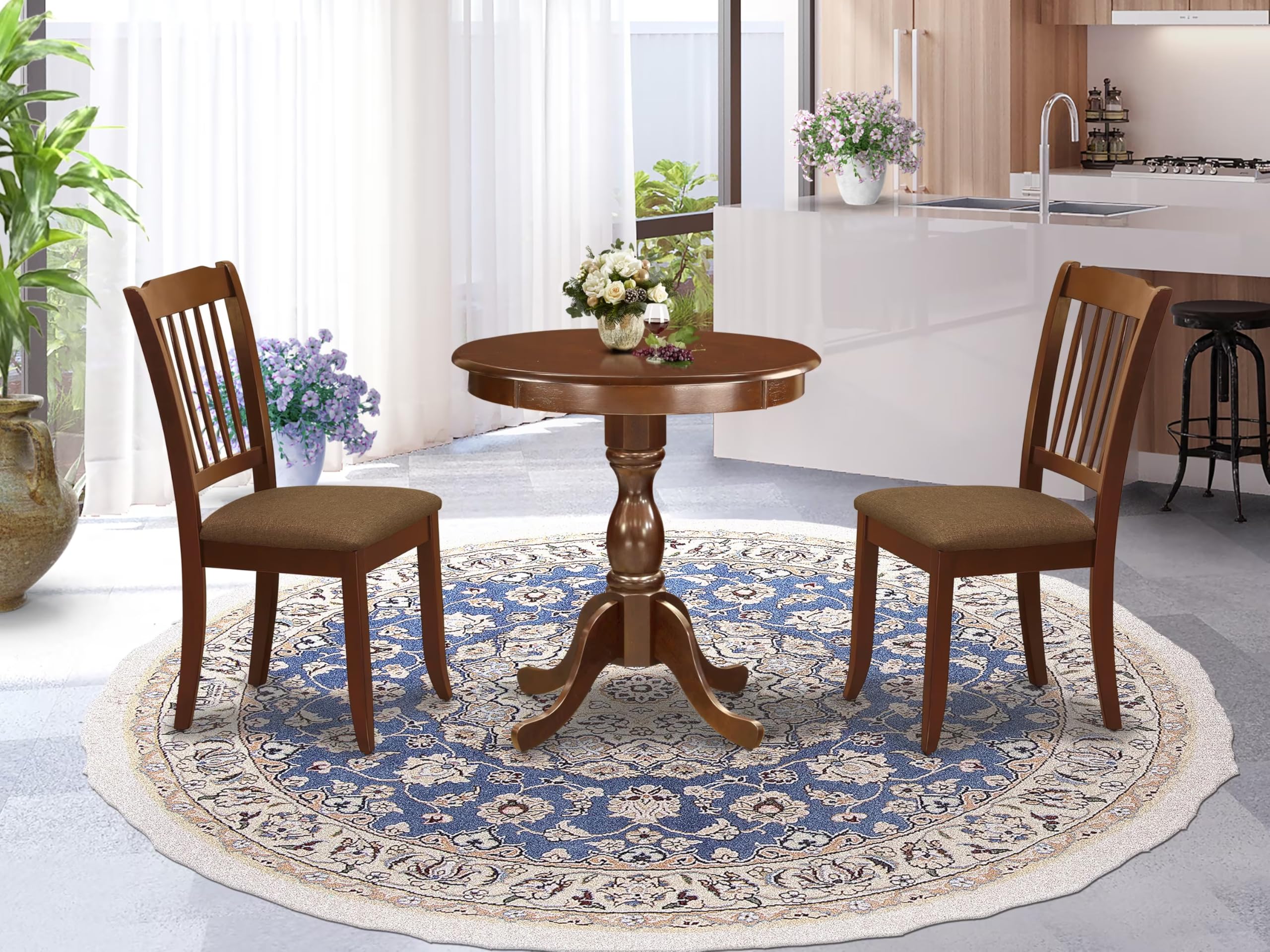 East West Furniture Esda3-Mah-C 3 Piece Kitchen Table Set For Small Spaces Contains A Round Dining Table With Pedestal And 2 Linen Fabric Dining Room Chairs, 30X30 Inch, Mahogany